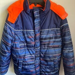 Xtreme Big Boys Coat Size 14/16 Orange Fleece Lining Blue Striped Hooded Thick